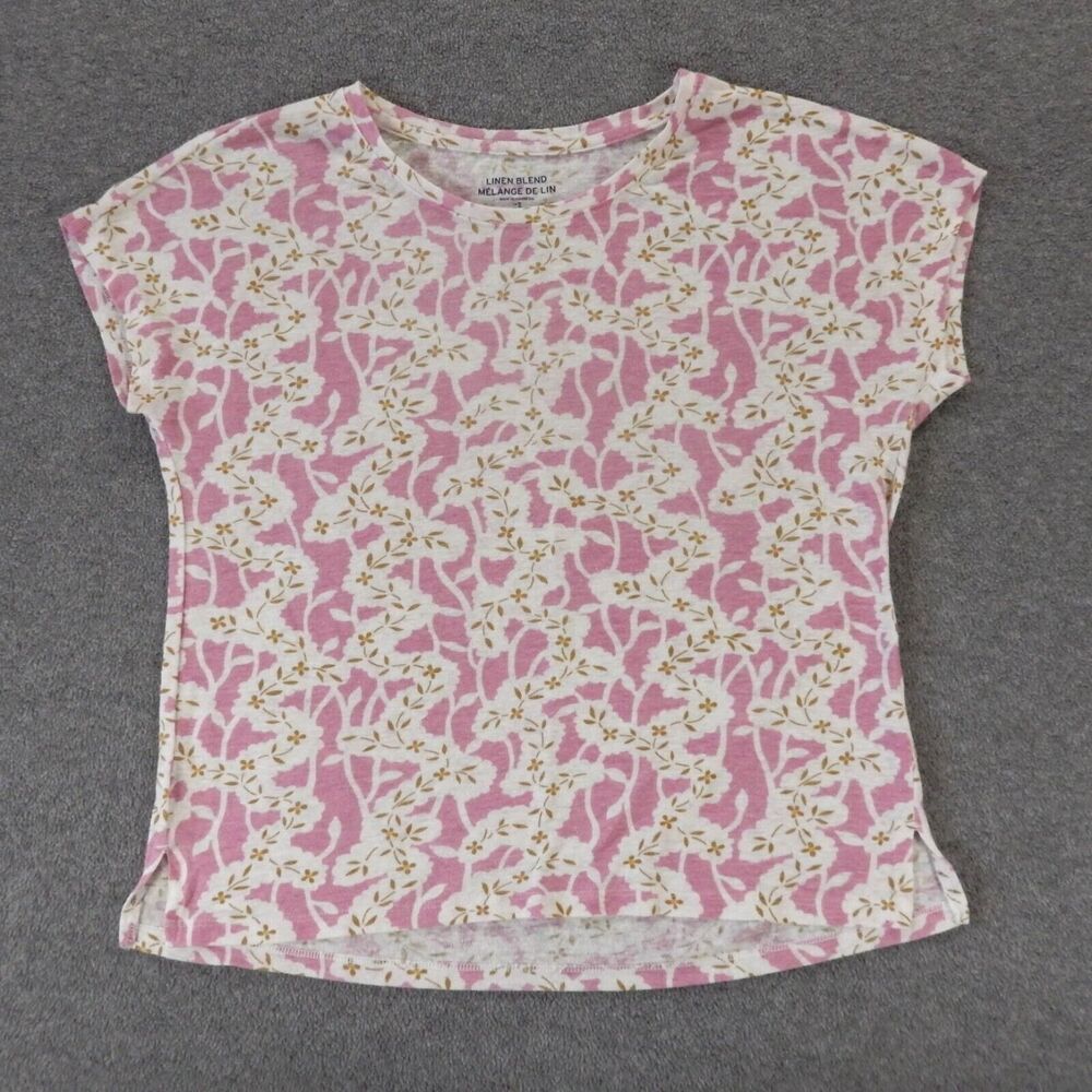 Gap Womens Shirt Small Pink White Linen Blend Boxy Relaxed Fit Floral Print